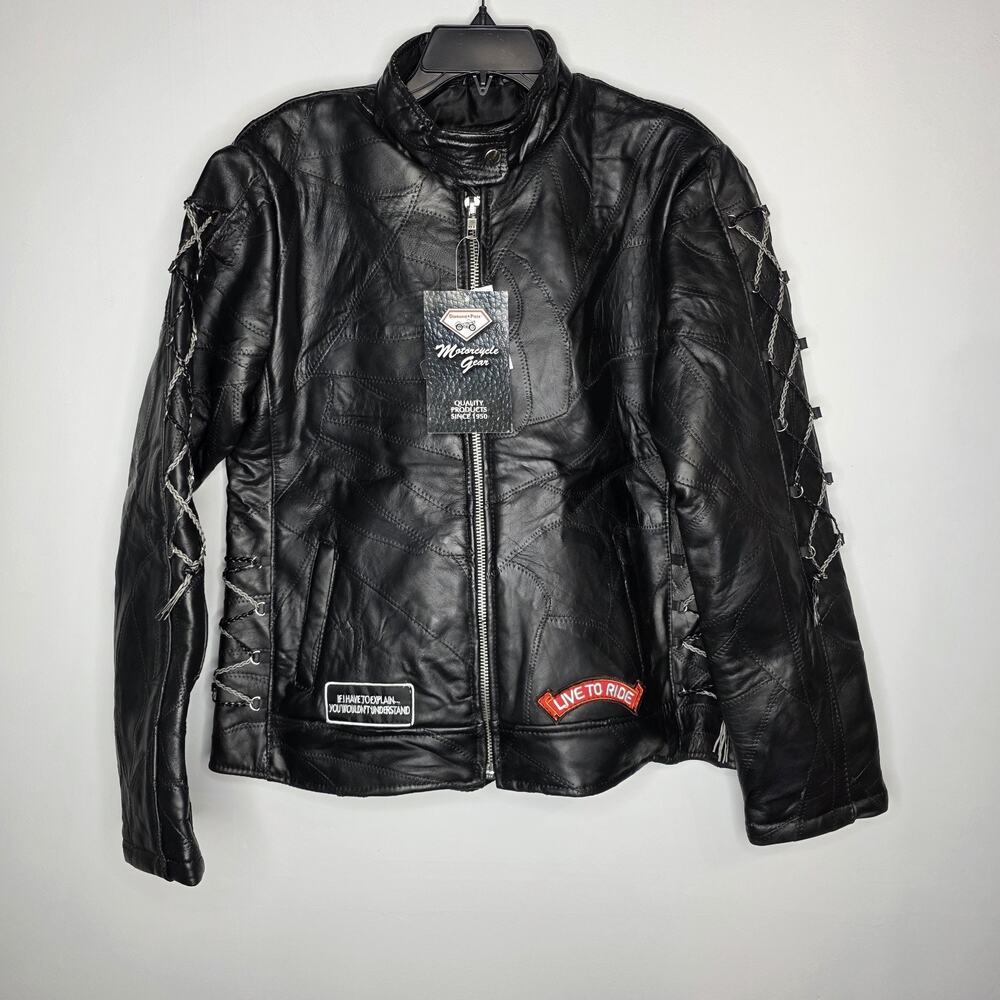 Diamond Plate Jacket Womens Large Leather Motorcycle Black Biker Live to Ride
